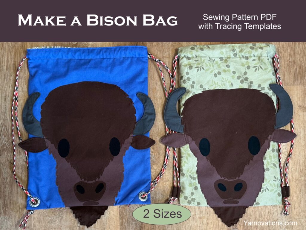 2 Drawstring bags (blue and leaf print) with bison faces on them.